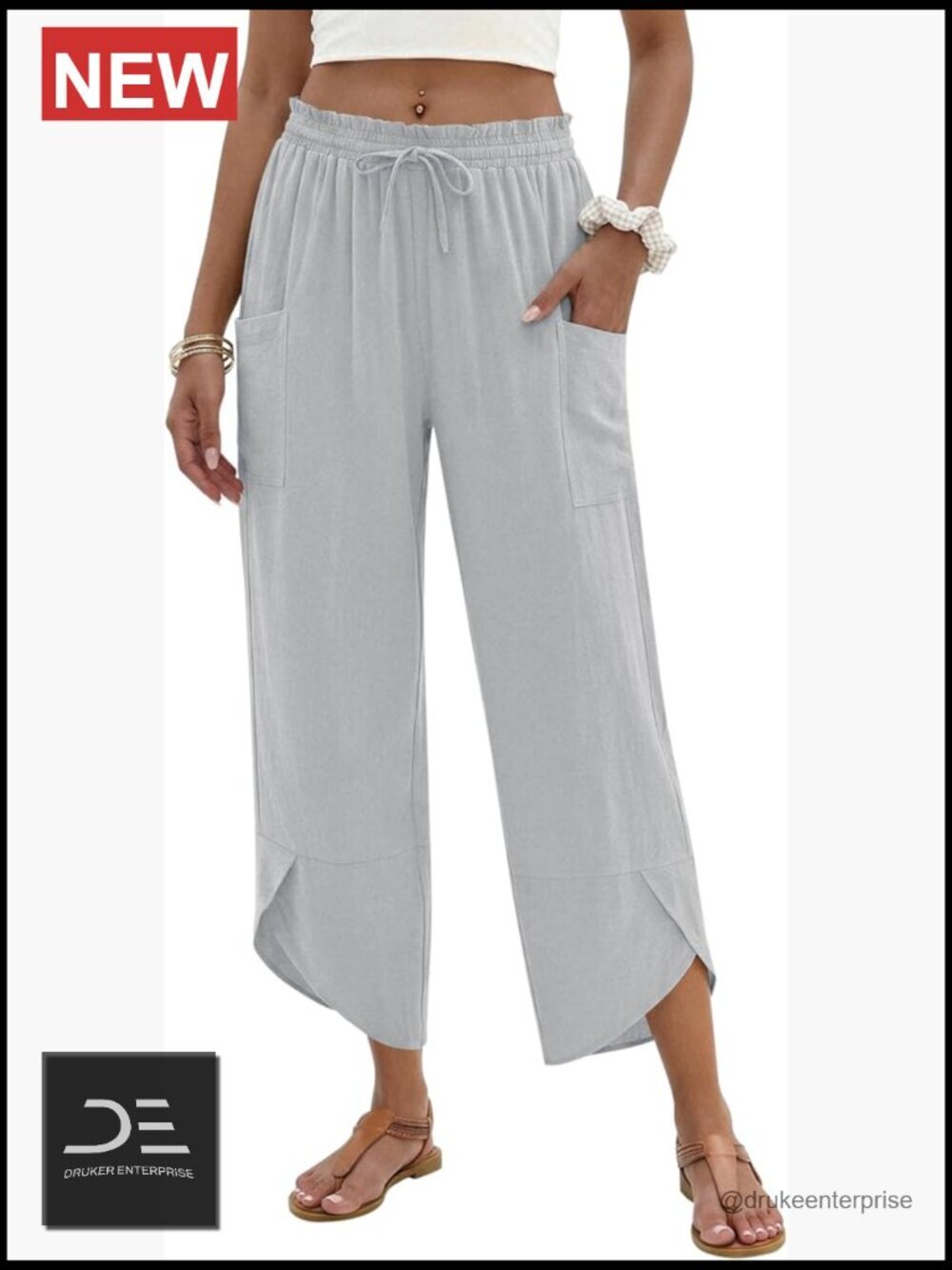 Linen Rayon Wide Leg Harem Capri Pants with Pockets Boho Summer